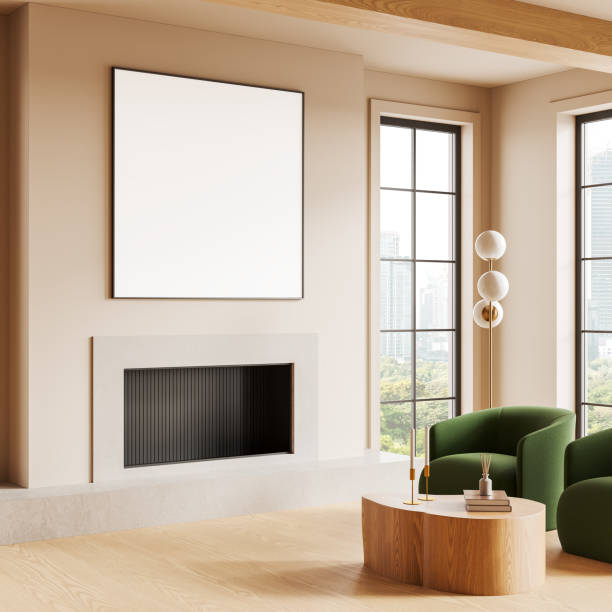Empty wall mockup in modern living room with green chairs and a cozy ambiance. 3D Rendering