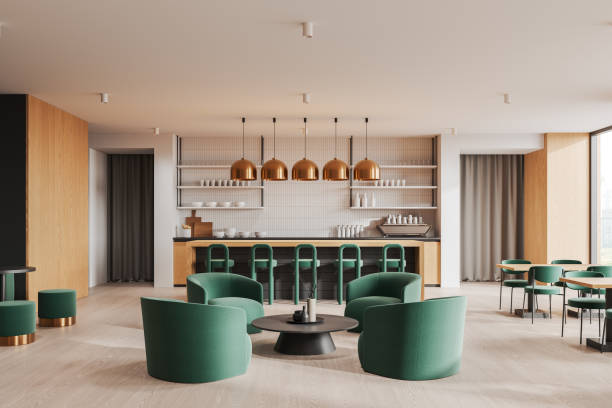 istock Modern cafe interior with green seating and wooden accents. 3D Rendering 2183969962