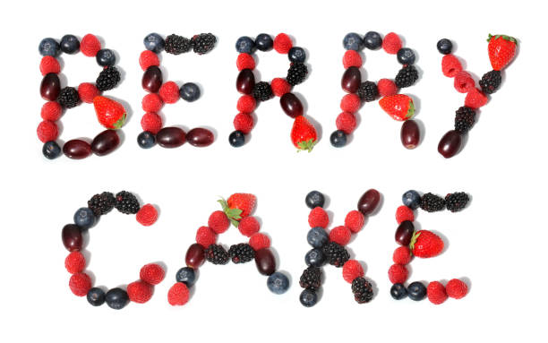 istock word BERRY CAKE made from raspberry, blackberry, strawberry with green leaf, blueberry, grape. isolated berry cake bakery letter 2183971931