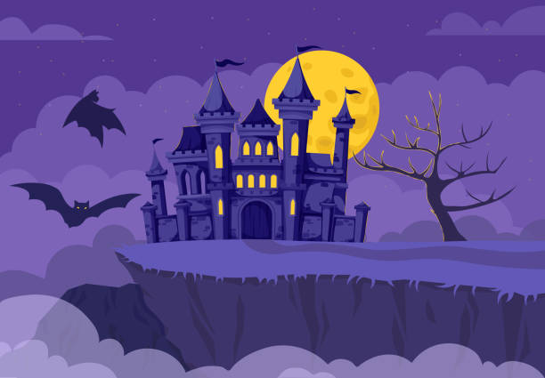 istock Scary castle at night. Silhouette of ancient building at cliff. Black bats in night and evening. Symbol of Halloween. Holiday of fear and horror. Imagination and fantasy. Flat vector illustration 2183975407
