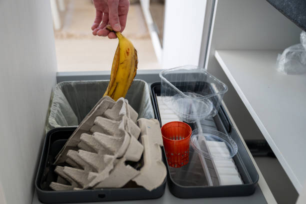 istock recycling bins for waste sorting in the kitchen for recycle. Plastic, paper and bio. Sorting waste at home concept 2183976163