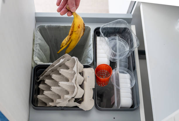 istock recycling bins for waste sorting in the kitchen for recycle. Plastic, paper and bio. Sorting waste at home concept 2183976196