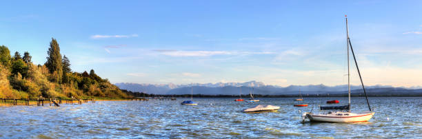 Ammersee nahe Herrsching mit Alpenblick und Booten - Panorama