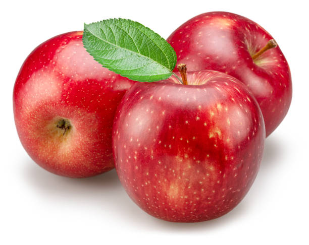 istock Ripe red apples with green apple leaves on white background. File contains clipping path. 2183986436