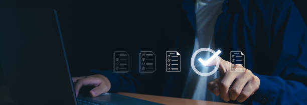 istock Electronic document review on virtual screens Businessman checks electronic documents, borderless communication technology 2183988395