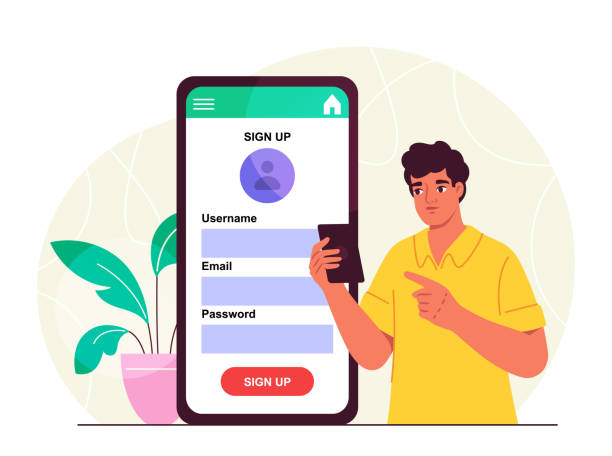istock Man with website registration. Young guy with smartphone enters login and password. Security in social networks and messengers. Flat vector illustration 2183991534