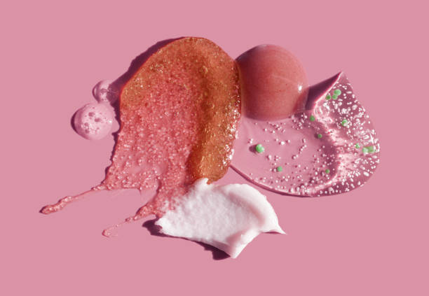 istock Body or face or scalp scrub set gel with polymer particles, salt or sugar sample swatch on pink background 2183992145