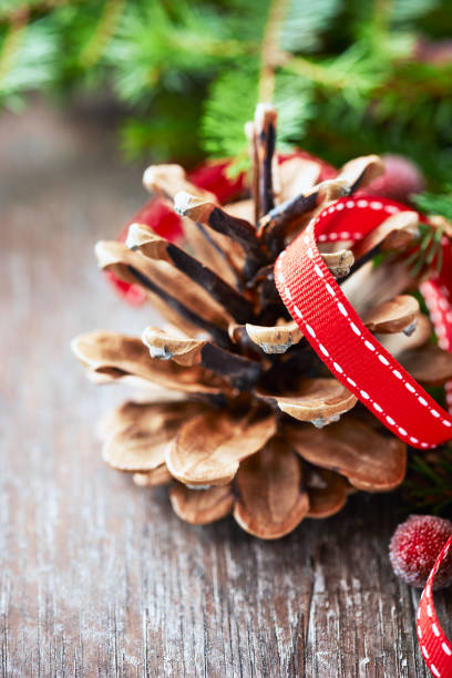 Christmas decoration on rustic wooden background. Close up.