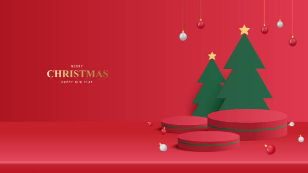 istock Podium Christmas. Red Podium for product display presentation with christmas tree. Podium platform to show product on red background. Merry Christmas background 2184001880
