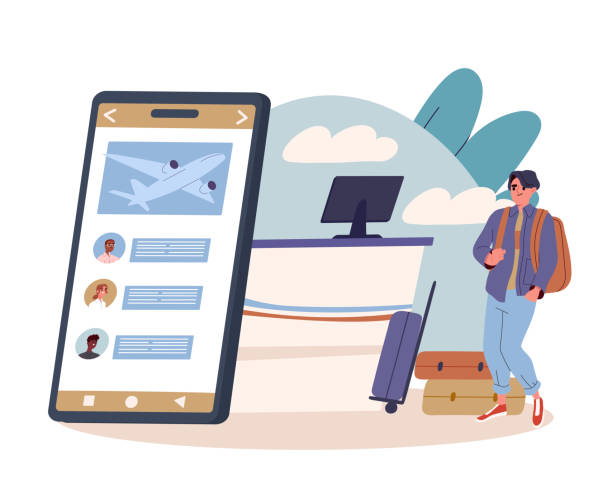 istock Man with online airport. Young guy near smartphone with airplane and flight schedule. Travel and tourism. Chatting with tour guide. Flat vector illustration 2184002871