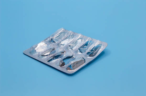 istock Empty blister pack from pills on a blue background. Focus on the foreground. 2184005227