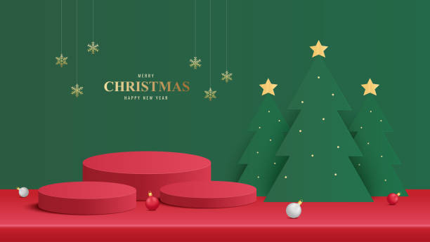 istock Podium Christmas. Red Podium for product display presentation with christmas tree. Podium platform to show product on green background. Merry Christmas background 2184006951
