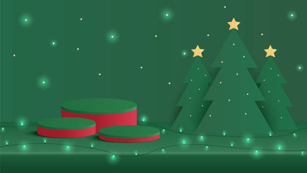 istock Podium Christmas. Red Podium for product display presentation with christmas tree. Podium platform to show product on green background. Merry Christmas background 2184006997