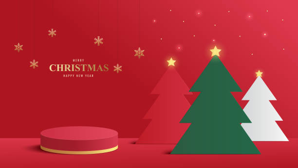 istock Podium Christmas. Red Podium for product display presentation with christmas tree. Podium platform to show product on red background. Merry Christmas background 2184007008