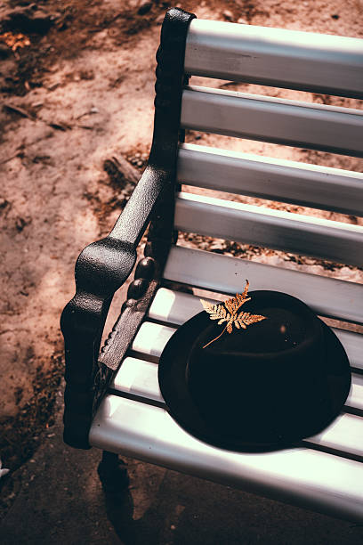 A lone black hat rests on a park bench, adorned with a delicate golden autumn leaf. Sunlight filters through the trees, casting dappled shadows on the ground, creating a serene and reflective atmosphere.