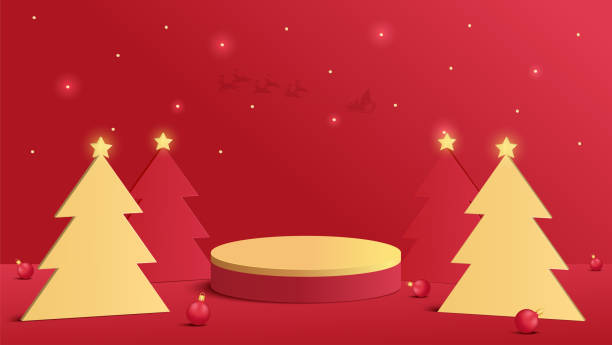 istock Podium Christmas. Golden  and red podium for product display presentation with christmas tree. Podium platform to show product on red background 2184011666