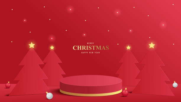 istock Podium Christmas. Red Podium for product display presentation with christmas tree. Podium platform to show product on red background. Merry Christmas background 2184011682