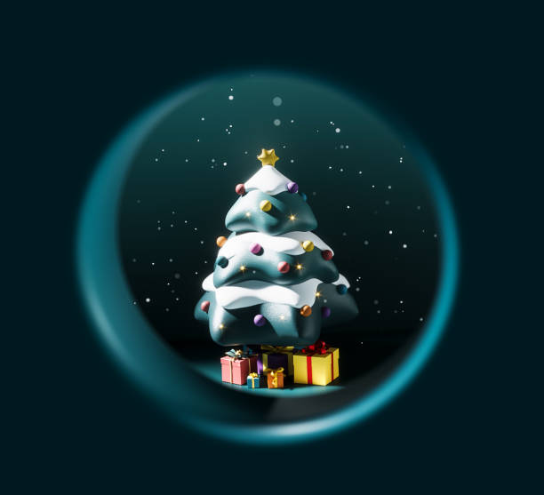 Cute stylized Christmas tree with presents and yellow star on top. Christmas greeting card design. 3D Rendering, 3D Illustration