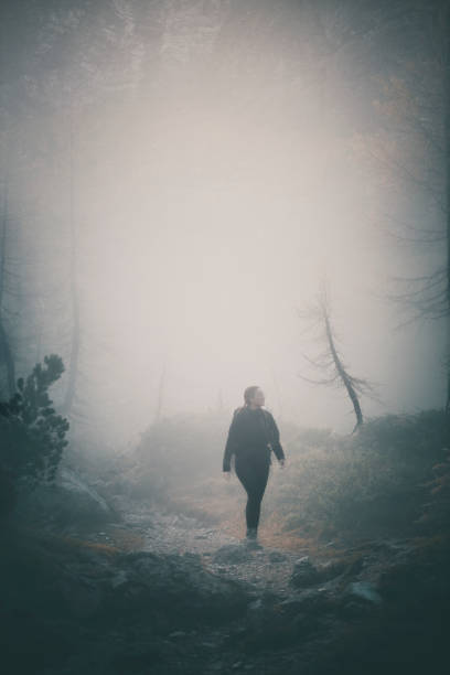 istock Young woman backpacks through misty forest 2184018990