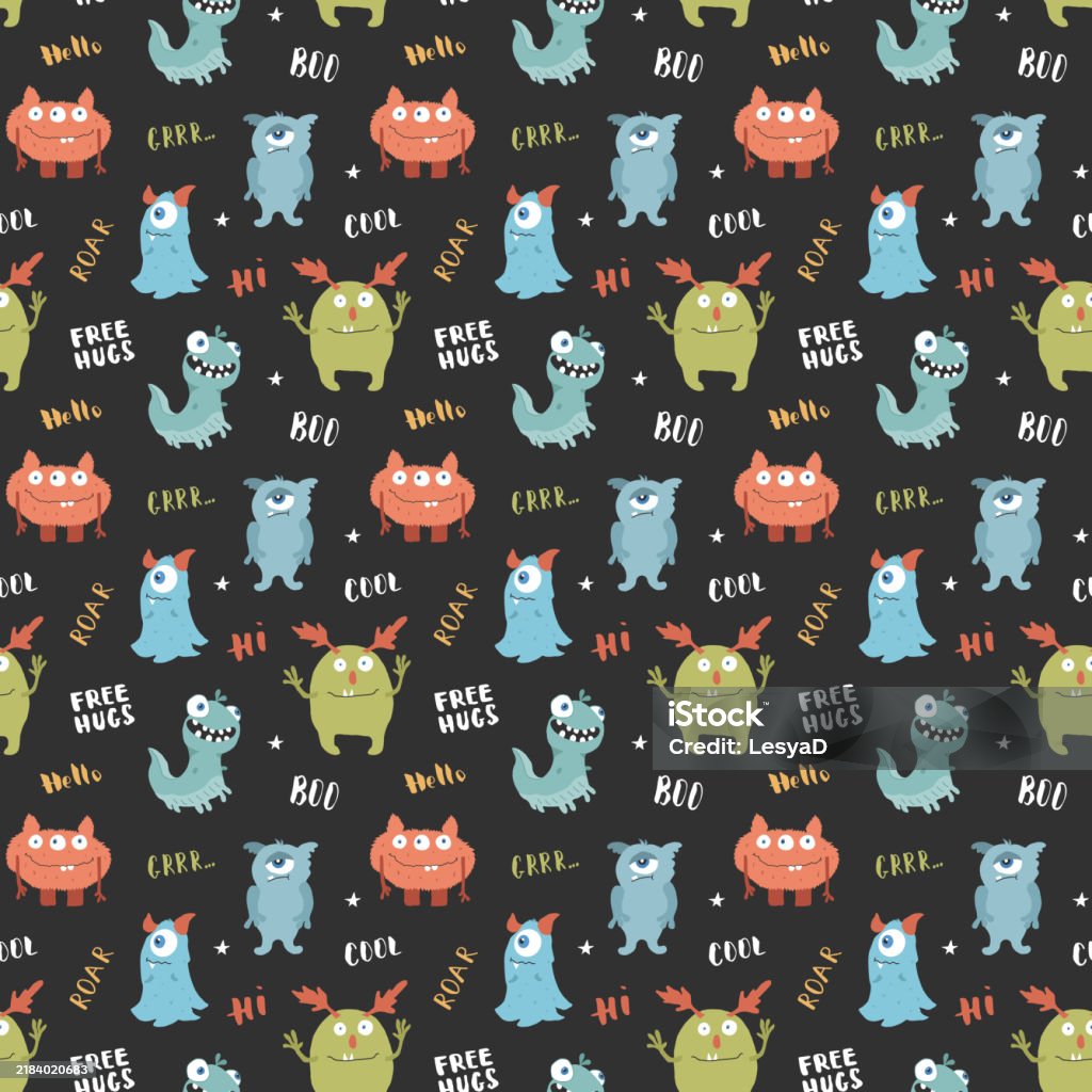 Monster Background Vector Cute Monsters Seamless Pattern Cartoon Monsters Background Vector ...