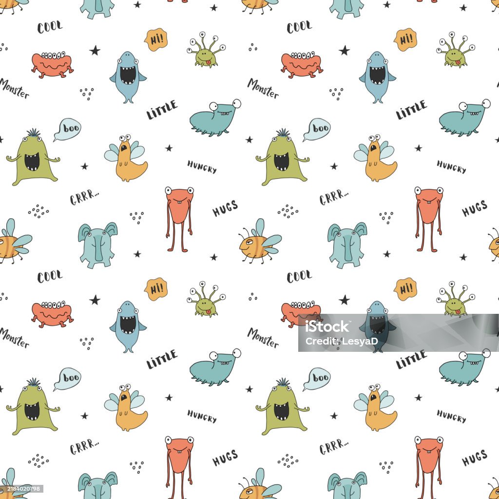 Monster Background Vector Cute Monsters Seamless Pattern Cartoon Monsters Background Vector ...