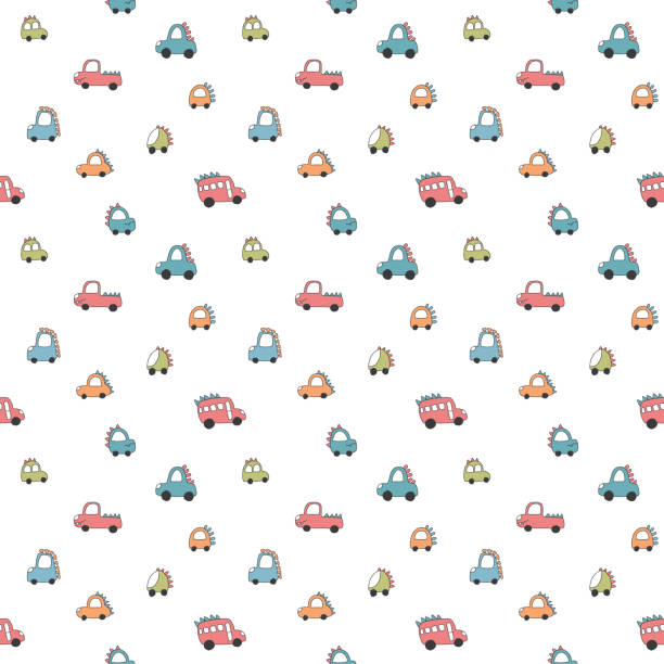 istock Cute Dino Cars Seamless Pattern, Childish Cartoon background, vector Illustration 2184021375