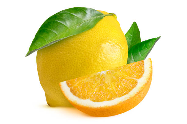 istock whole lemon and orange slice with leaves on isolated white background 2184022544
