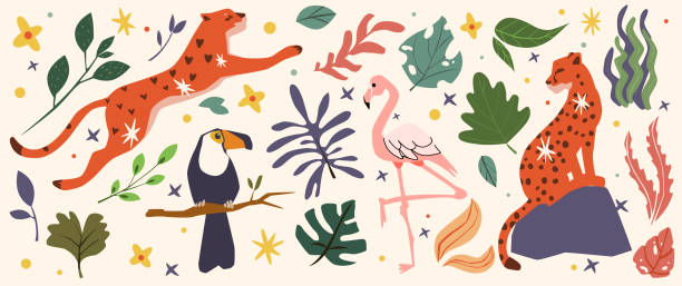 Jungle animals like leopards, a toucan, and a flamingo among tropical plants and leaves. Stickers related to wildlife, nature, and exotic themes. Set of vector illustrations