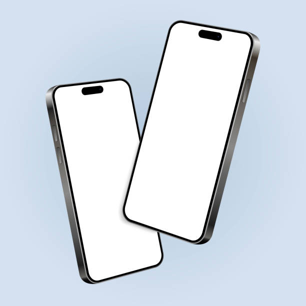 dwa smartfony tworzą makietę z pustymi ekranami, lewitując w powietrzu na niebieskim tle - iphone stock illustrations