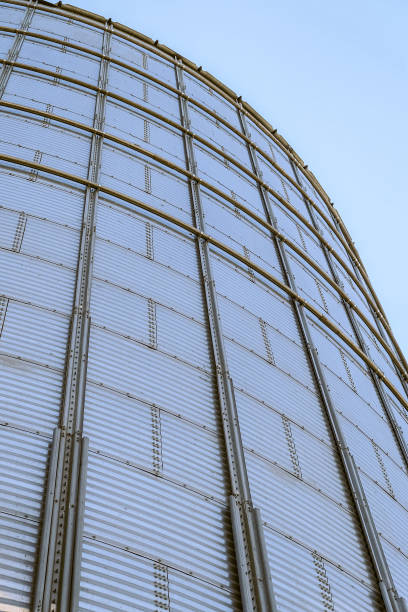 istock Detail of galvanized grain bin with wind reinforcing ring belts 2184040030