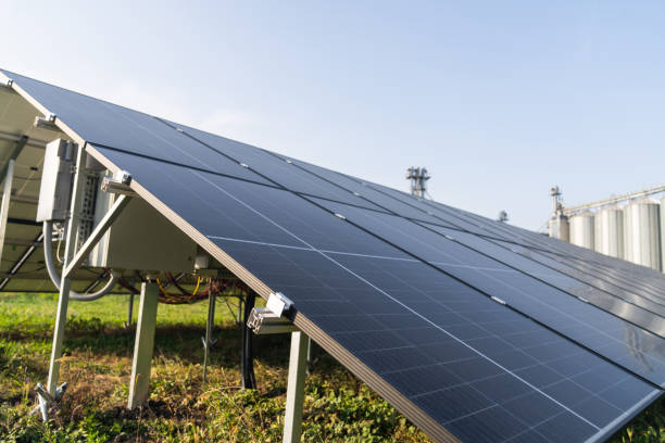 istock Modern farm using renewable energy. Solar panels with silos in the background. 2184049303