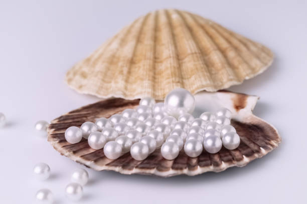 istock Beautiful white sea pearls on a white backdrop. 2184050945