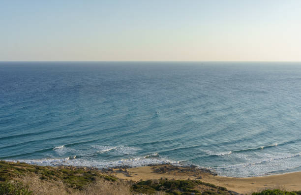 Golden sands meet the gentle waves as a peaceful coastline basks under a warm sunlit sky.