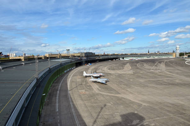 Berlin, Germany - October 8th 2024: High-angle view of the main building of the former Berlin Tempelhof Airport