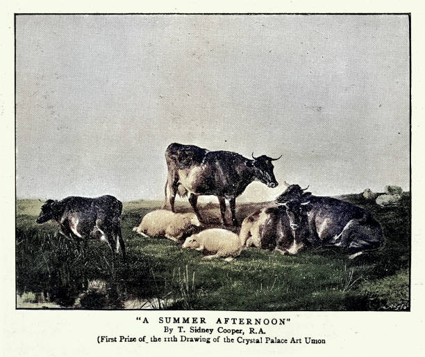 Cattle and sheep in a field, A summer afternoon, after the painting by T. Sidney Cooper, Vintage illustration, 1890s