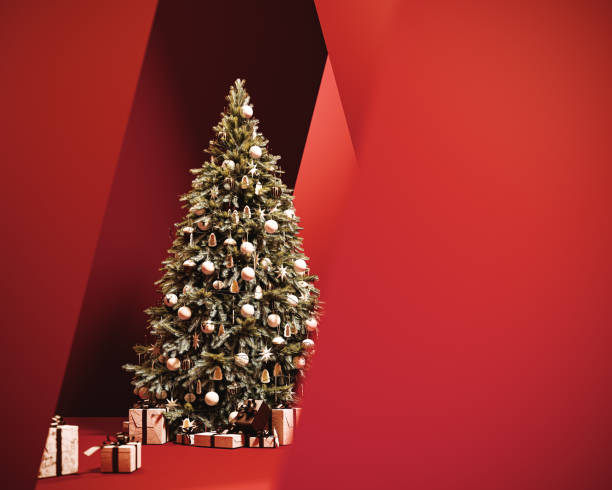 istock Beautiful Christmas tree on abstract red background with copy space. Christmas greeting card design. 2184054374