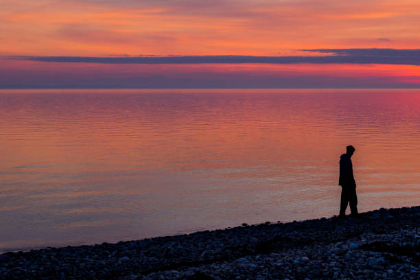 istock Silhouette of young man on the beach at sunset 2184059639