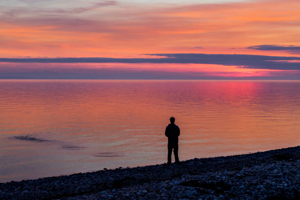 istock Silhouette of young man on the beach at sunset 2184059643
