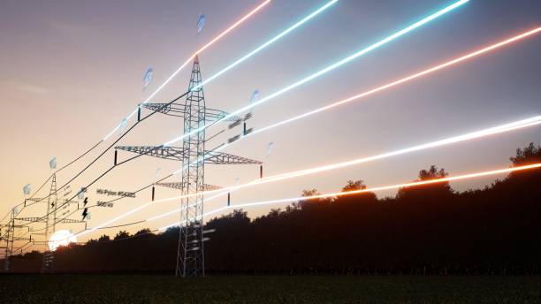 istock AR data of energy travelling through transfer lines over sunset horizon sky 2184069675