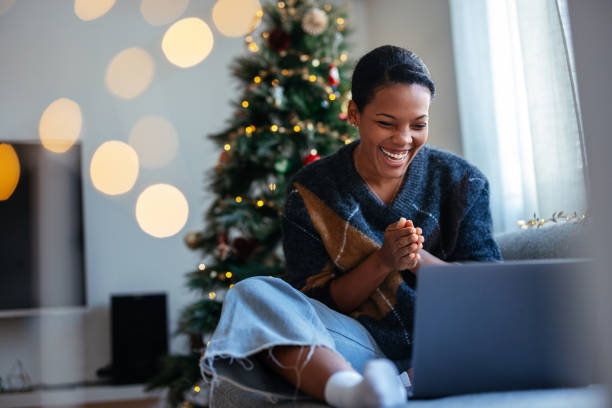 Joyful Woman Video Calling During Christmas Celebration