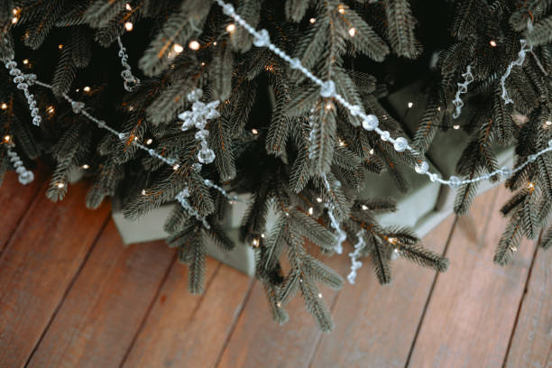 Decorated Christmas tree with lights and ornaments in a cozy indoor setting