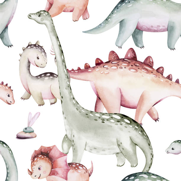 istock Watercolor dinosaur seamless pattern. Hand painted cute dinosaurs, tropical palm tree, jungle leaves, mountains. Dino illustration for design, wallpaper, scrapbooking 2184074738