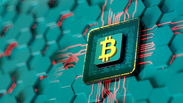 istock Bitcoin - letter sign on digital CPU background. Crypto concept. honeycomb background 2184081266