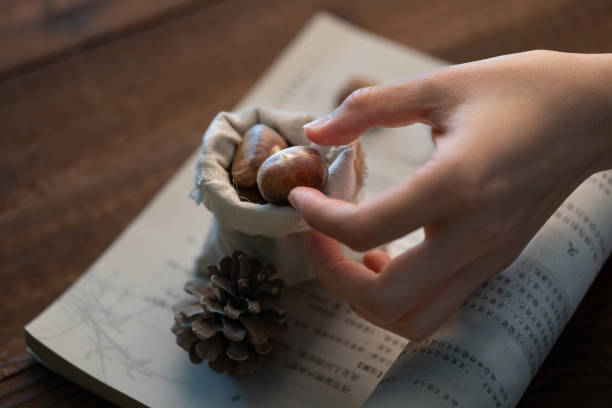 In low light, holding a chestnut in a white bag with one hand