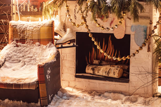 Christmas decor in backyard. Festive New Year decorations.
