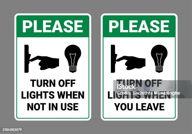 Electrical Light Off Please Turn Off Lights Sign Set Stock Illustration - Download Image Now ...