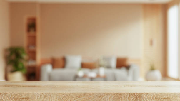 istock Empty wooden table with blurred view of scandinavian living room- 3D rendering 2184088871