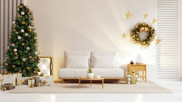istock Living room christmas interior with velvet sofa on empty white background- 3D rendering 2184088889