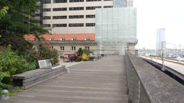 istock New York City waterfront park in Financial district, Manhattan Downtown riverfront Elevated Acre. 2184090121