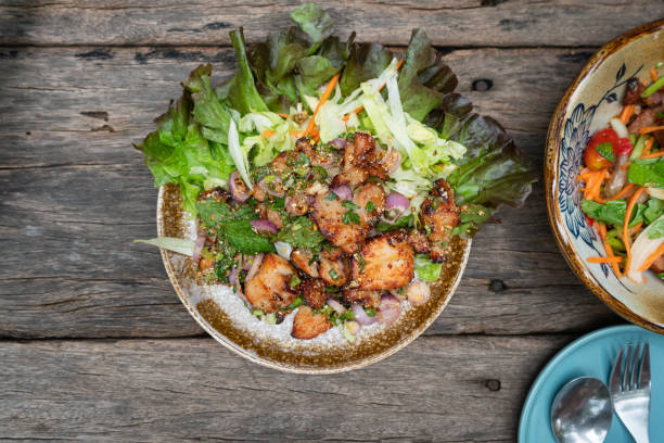 Larb Kai Yang, Spicy Minced Grilled Chicken Salad, Top view.